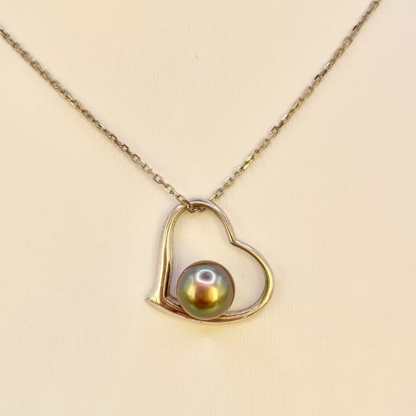 Pendentif Cœur penché en argent 925/000 rhodié avec une Perle de Tahiti