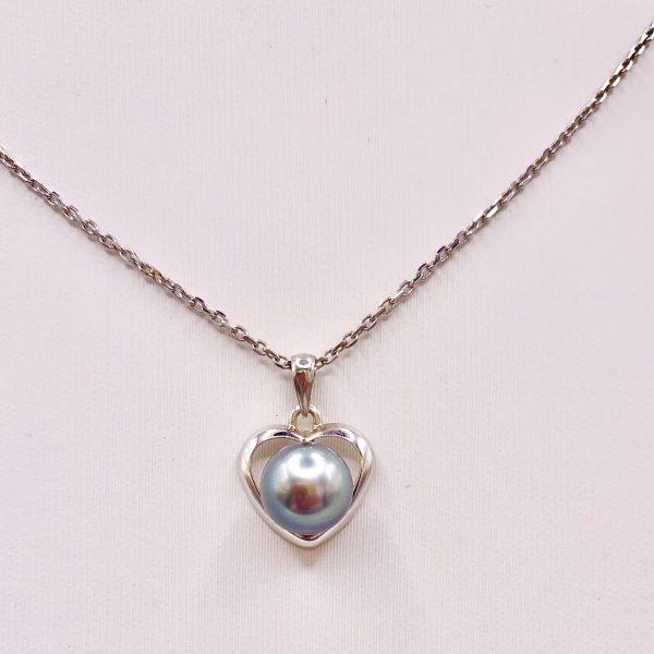 Collier petit Cœur en argent 925/000 rhodié avec une Perle de Tahiti