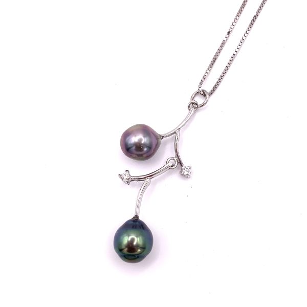 Collier Branche en argent 925/000 rhodié avec 2 zircons et 2 Perles de Tahiti