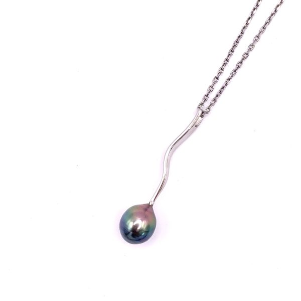 Collier Ondulé long en argent 925/000 rhodié avec une Perle de Tahiti