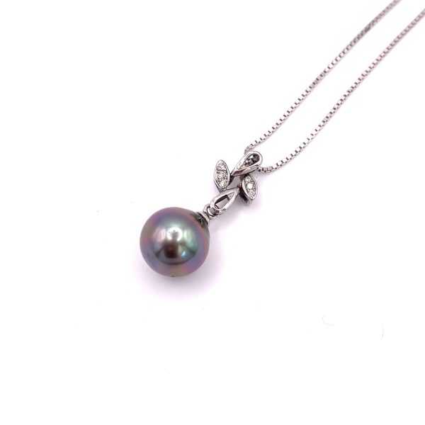 Collier Petites feuilles en argent 925/000 rhodié avec des zircons et une Perle de Tahiti