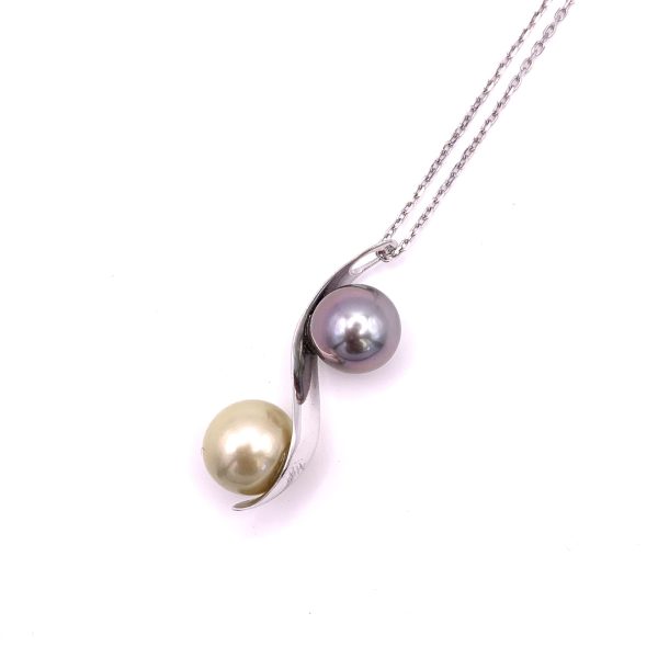 Collier Toi&Moi ondulé en argent 925/000 rhodié avec une Perle de Tahiti et une Perle d’Australie