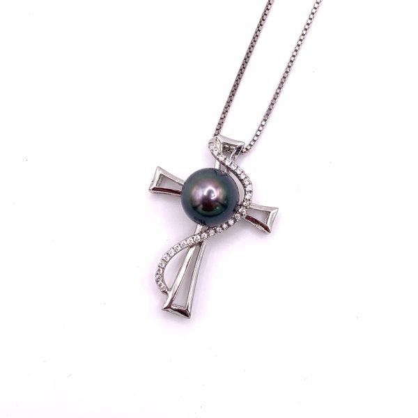 Collier Croix en argent 925/000 rhodié avec des zircons et une Perle de Tahiti