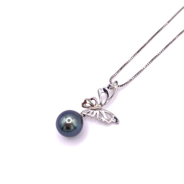 Collier Papillon en argent 925/000 rhodié avec une Perle de Tahiti