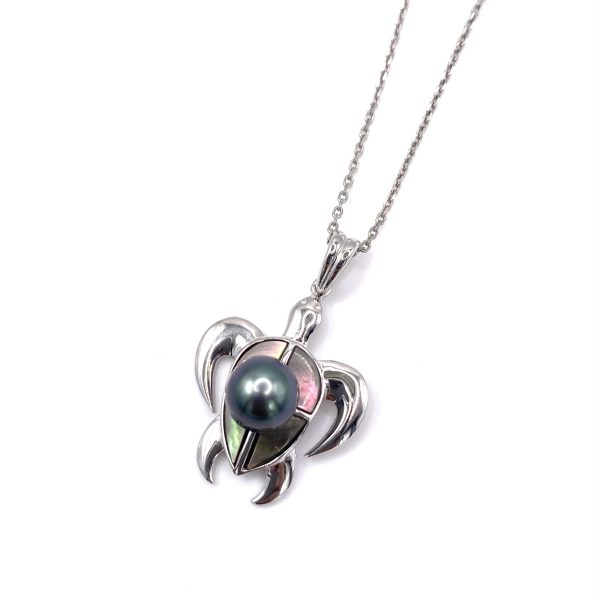 Collier Tortue en argent 925/000 rhodié avec de la Nacre de Tahiti et une Perle de Tahiti