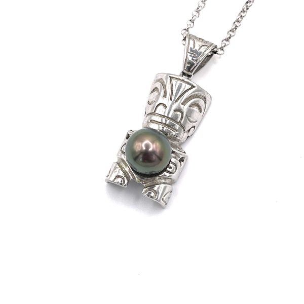 Collier Tiki en argent 925/000 rhodié avec une Perle de Tahiti