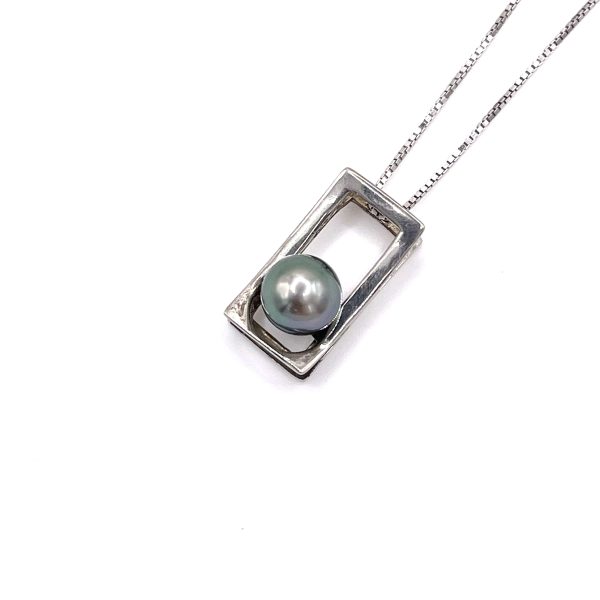 Collier Rectangle en argent 925/000 rhodié avec une Perle de Tahiti