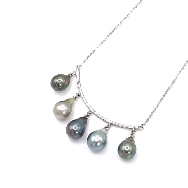 Collier Barre en argent 925/000 rhodié avec 5 Perles de Tahiti pendantes