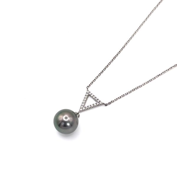 Collier Triangle en argent 925/000 rhodié avec des zircons et une Perle de Tahiti