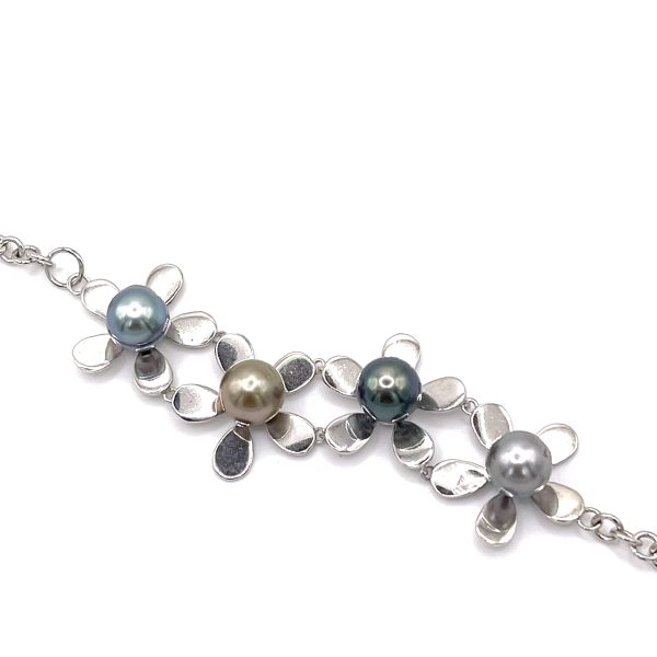 Bracelet 4 fleurs en argent 925/000 rhodié avec 4 Perles de Tahiti