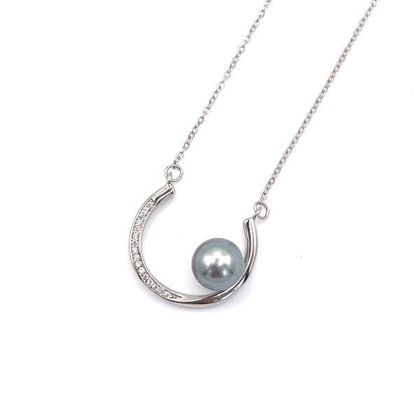 Collier arrondi en argent 925/000 rhodié avec des zircons et une Perle de Tahiti